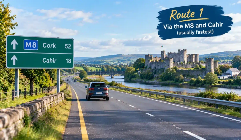 Via the M8 and Cahir (usually fastest)